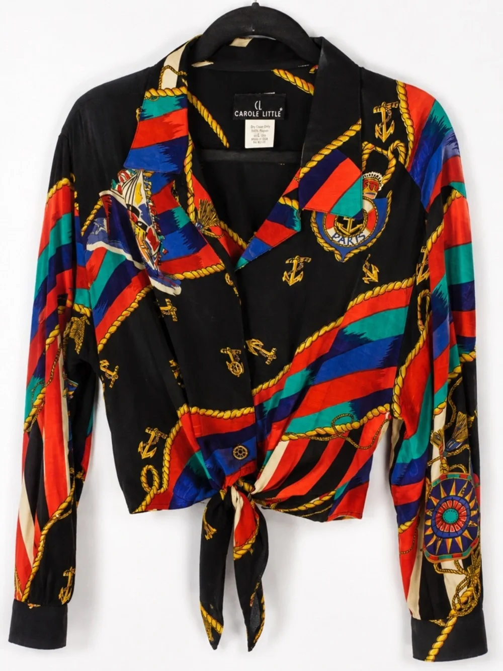 Women's Black Multi-Color Satin Button-Front Tie Blouse - Picture 2 of 15